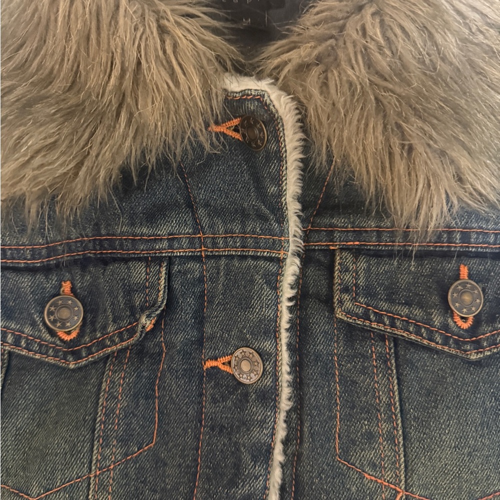 Vintage 90s Fur Denim Jacket Small Embroidered Patches, Beads Floral Butterfly - Picture 4 of 13